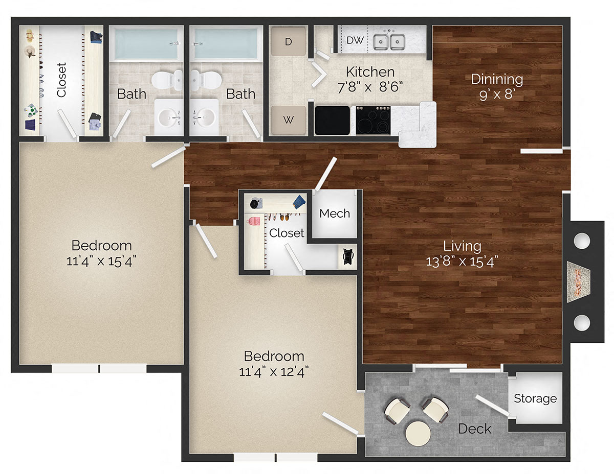 Floor plan for 2 beds, 2 baths, 976 sqft